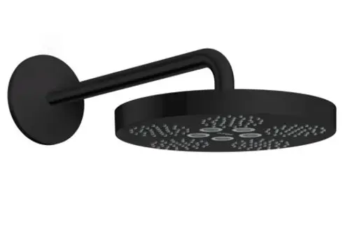 Schwarze Kopfbrause mit runder, flacher Oberfläche und fest verbundenem Brausearm. Das Design ist schlicht und modern, hergestellt von AXOR.